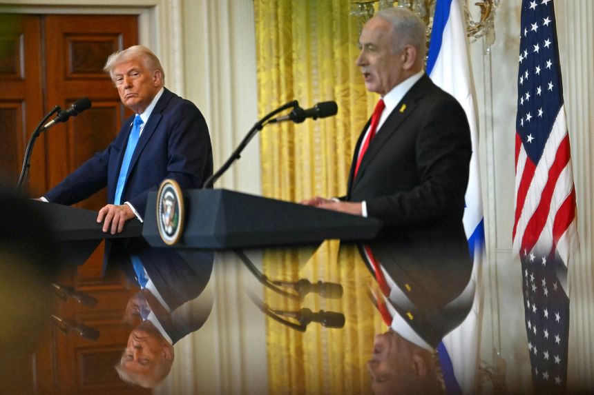 US President Donald Trump with Israeli Prime Minister Benjamin Netanyahu in the East Room of the White House in Washington, DC, on February 4.