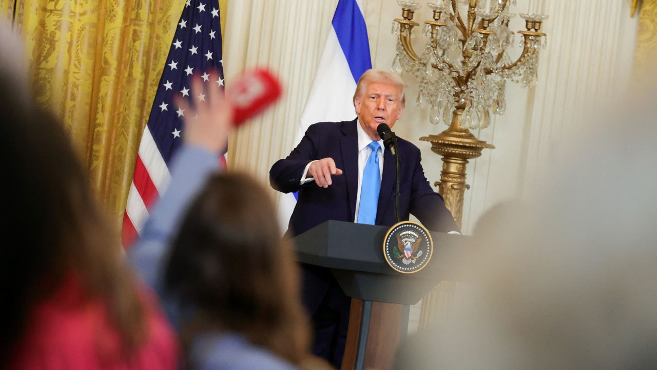 U.S. President Donald Trump takes questions from reporters during a press conference with Israeli Prime Minister Benjamin Netanyahu in the East Room of the White House in Washington, D.C. on February 4, 2025. (Photo by Bryan Dozier / Middle East Images / Middle East Images via AFP) (Photo by BRYAN DOZIER/Middle East Images/AFP via Getty Images)          