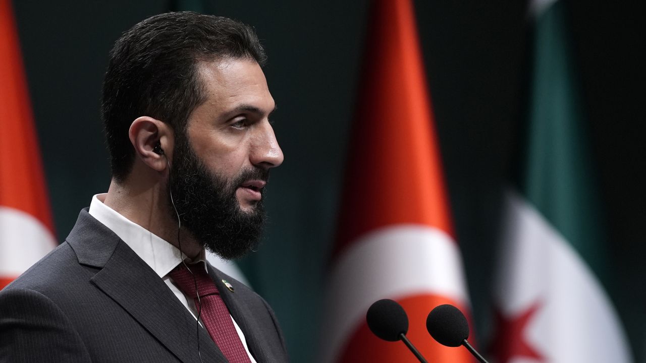 Turkish President Recep Tayyip Erdogan (not seen) and Syrian interim President Ahmad Al-Sharaa (L) hold a press conference after their meeting at Presidential Complex in Ankara, Turkiye on February 4, 2025.