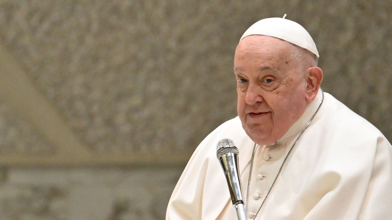 Pope Francis speaks during the weekly general audience at Paul-VI hall in The Vatican on February 5, 2025.