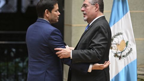 US Secretary of State Marco Rubio (L) embraces Guatemala's President Bernardo Arevalo after a t news conference at the Culture Palace in Guatemala City on February 5, 2025. (Photo by JOHAN ORDONEZ / AFP) (Photo by JOHAN ORDONEZ/AFP via Getty Images)          