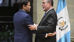 US Secretary of State Marco Rubio (L) embraces Guatemala's President Bernardo Arevalo after a joint news conference at the Culture Palace in Guatemala City on February 5, 2025. (Photo by JOHAN ORDONEZ / AFP) (Photo by JOHAN ORDONEZ/AFP via Getty Images)          