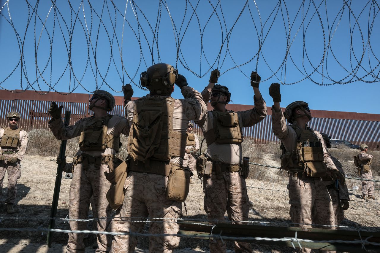 US Marines reinforce a border wall near Tijuana, Mexico, on February 5.
