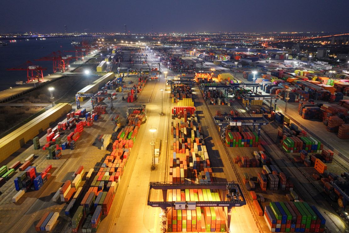 Containers are seen at the port in Nanjing, in China's eastern Jiangsu province.