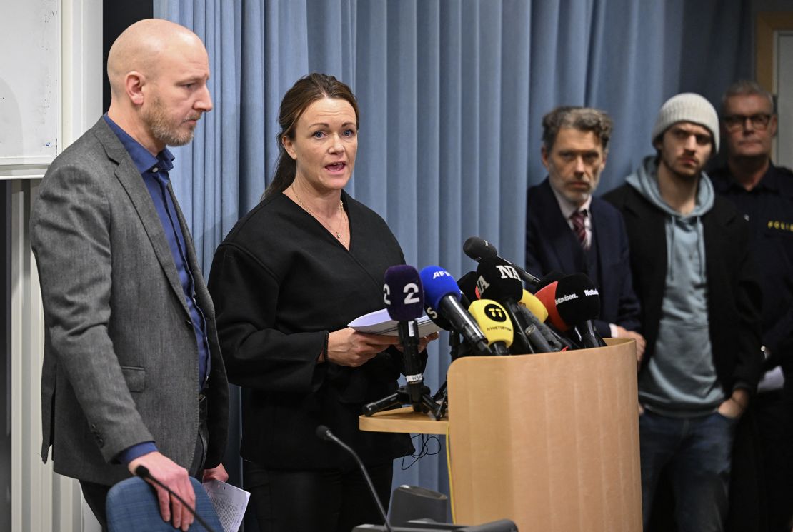 Police chief investigators Kristoffer Zickbauer (left) and Anna Bergqvist (second from left ) speak at a news conference Thursday.
