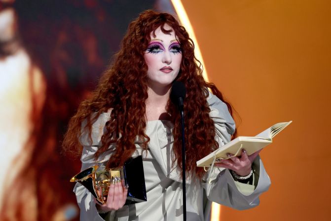 Chappell Roan accepts the Grammy for best new artist. She used most of her acceptance speech <a  target="_top" href="/newspapers?url=https://www.cnn.com/entertainment/live-news/the-grammys-award-show-02-2-25#cm6oeoyko001s3b6n5omby4qo">to advocate for developing artists</a>. “I told myself if I ever won a Grammy and I got to stand up here in front of the most powerful people in music, I would demand that labels and the industry profiting millions of dollars off of artists would offer a livable wage and health care, especially to developing artists,” she said.