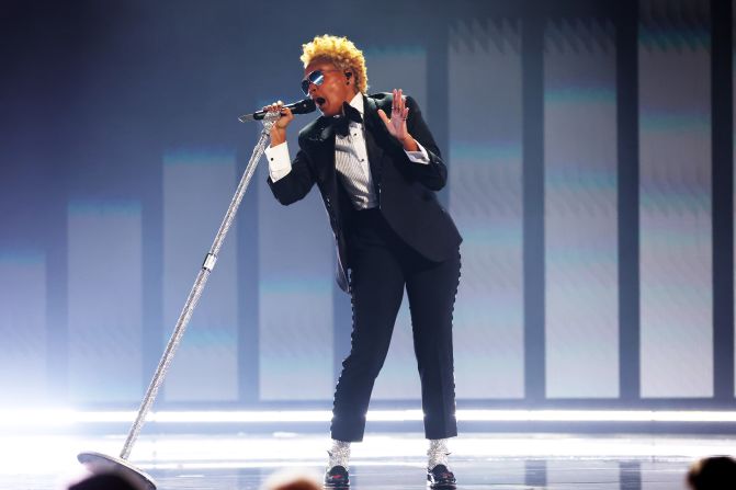 Janelle Monáe performs the Michael Jackson classic "Don't Stop 'Til You Get Enough" as part of a Grammys segment <a  target="_top" href="/newspapers?url=https://www.cnn.com/entertainment/live-news/the-grammys-award-show-02-2-25#cm6ognybo00243b6mippi56c0">that honored late producer Quincy Jones</a>.