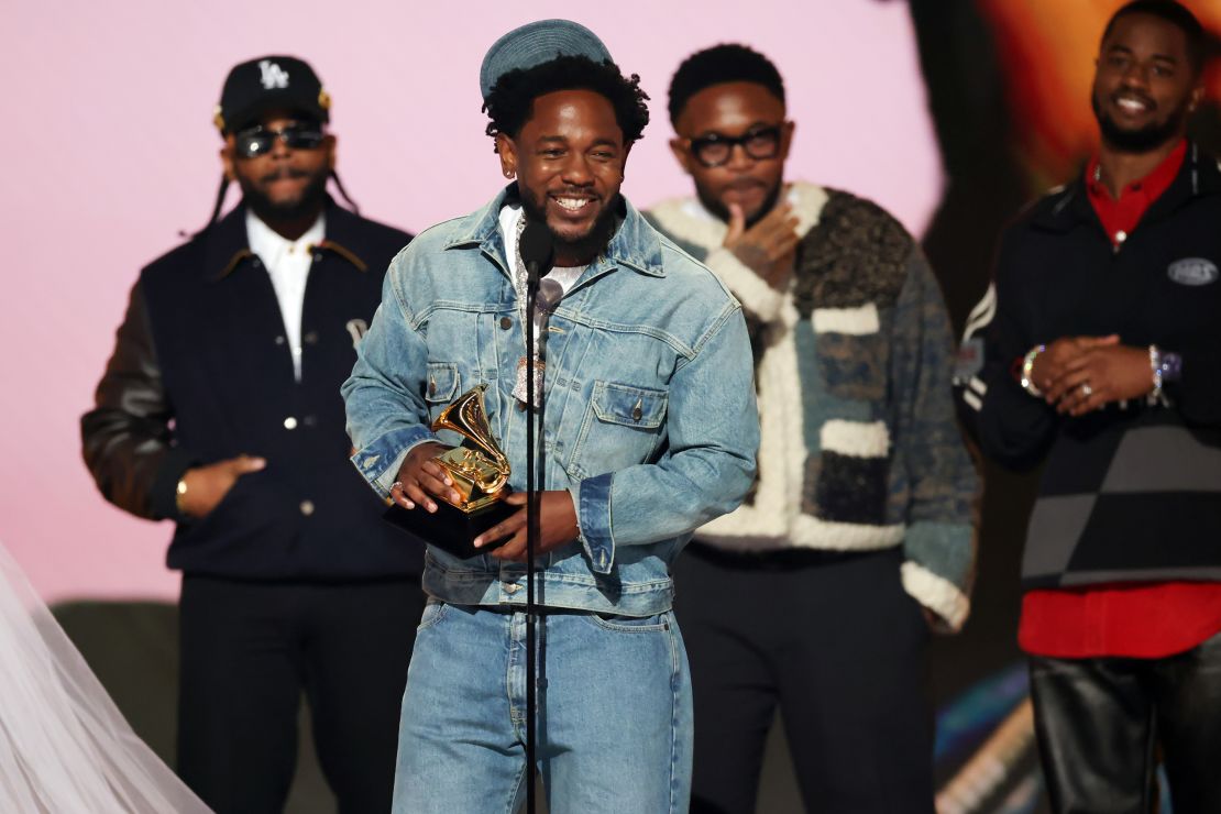 Kendrick Lamar accepts the song of the year award for "Not Like Us" at the Grammys on Sunday.