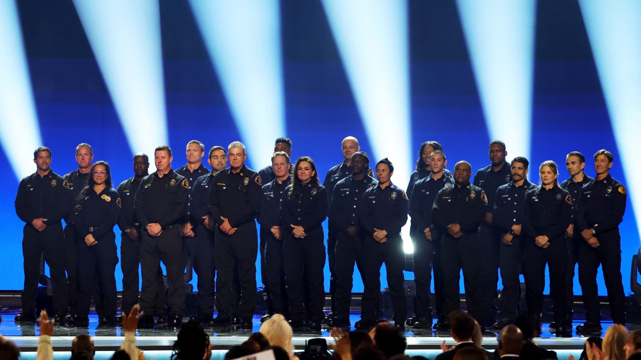 Members of the Los Angeles County Fire Department are seen onstage during the 67th Annual GRAMMY Awards at Crypto.com Arena on February 02, 2025 in Los Angeles, California.