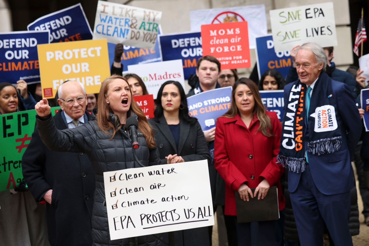 Representative Melanie Stansbury, a Democrat from New Mexico, speaks as demonstrators hold signs outside of the Environmental Protection Agency (EPA) headquarters in Washington, DC, US, on Thursday, Feb. 6, 2025. Protesters and Democratic lawmakers converged outside the Environmental Protection Agency's headquarters in Washington Thursday to denounce a freeze on funding at the agency they said was illegal. Photographer: Tierney L. Cross/Bloomberg via Getty Images