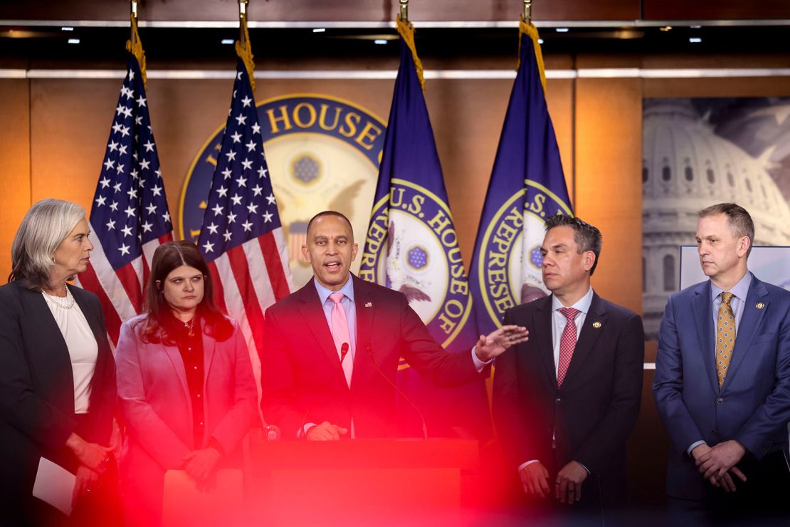 Representative Katherine Clark, a Democrat from Massachusetts, from left, Representative Haley Stevens, a Democrat from Michigan, Representative Hakeem Jeffries, a Democrat from New York, Representative Pete Aguilar, a Democrat from New York, and Representative Sean Casten, a Democrat from Illinois, during a news conference at the US Capitol in Washington, DC, on Thursday, February 6, 2025.