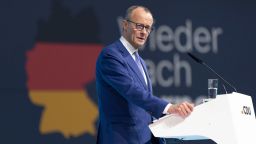 Friedrich Merz, chancellor candidate and leader of the Christian Democrats (CDU), speaks to delegates at a CDU party congress in Berlin on February 3.
