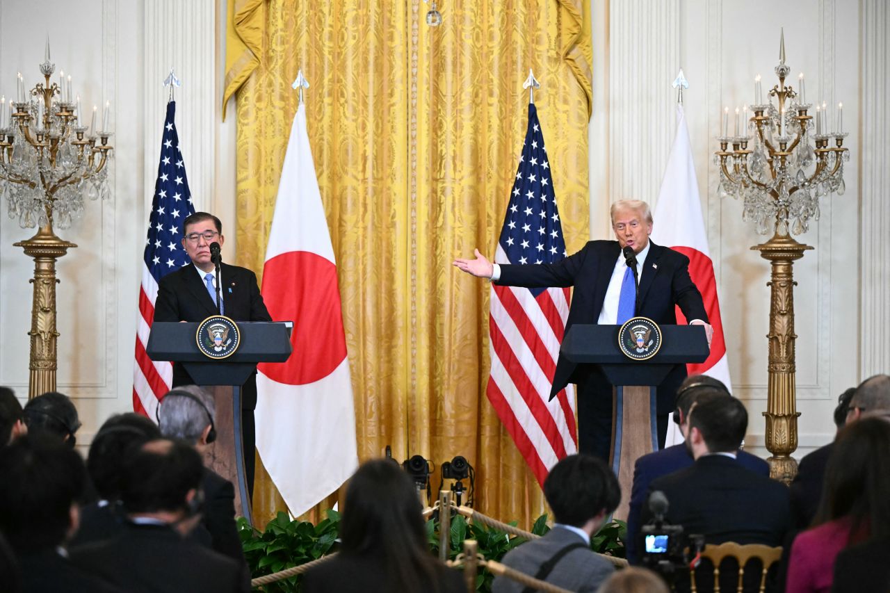 US President Donald Trump, right, speaks during a joint press conference with Japanese Prime Minister Shigeru Ishiba at the White House in Washington, DC, on Friday.