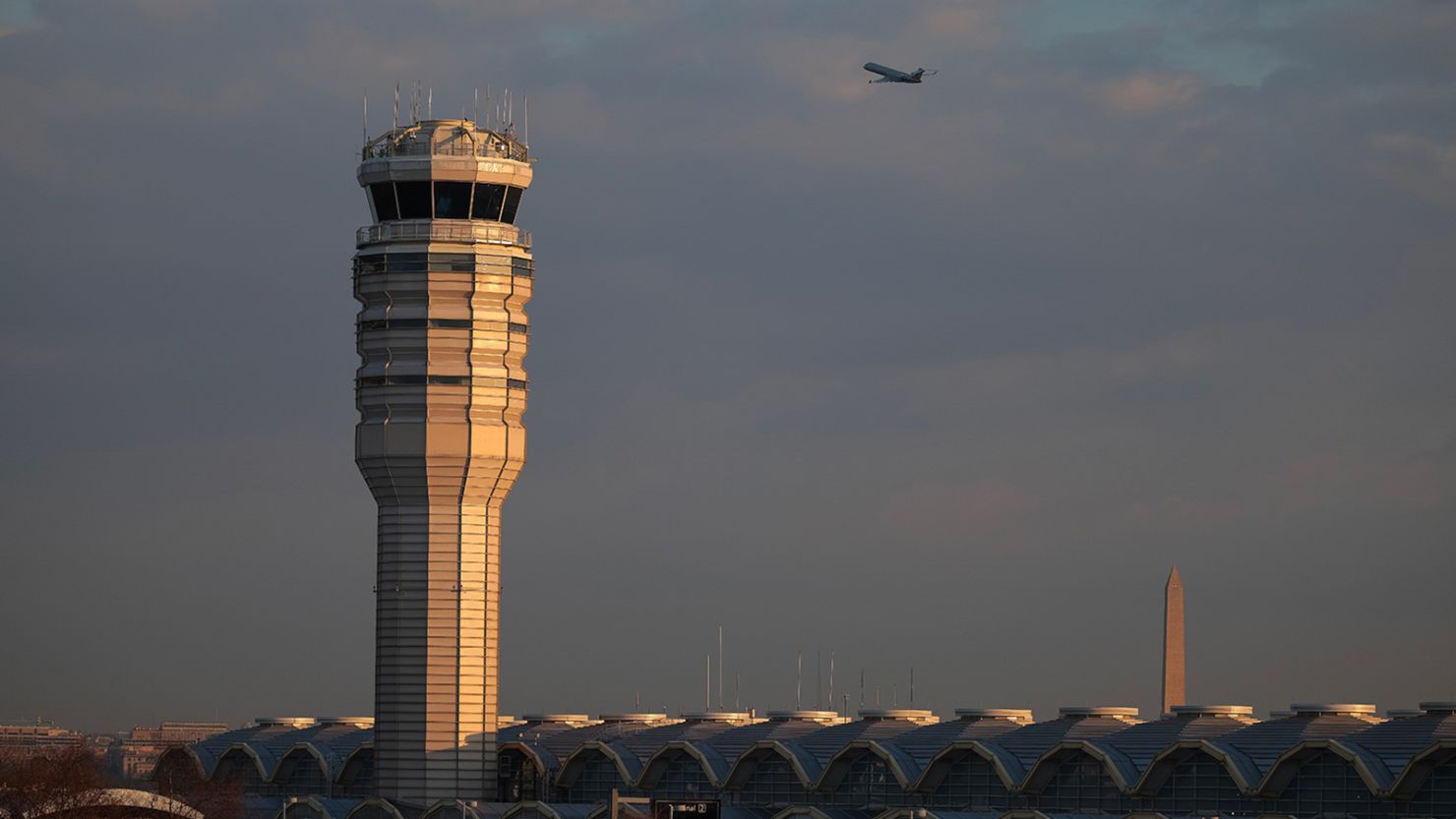 The air traffic control tower is seen at the Reagan National Airport on February 3 in Arlington, Virginia.