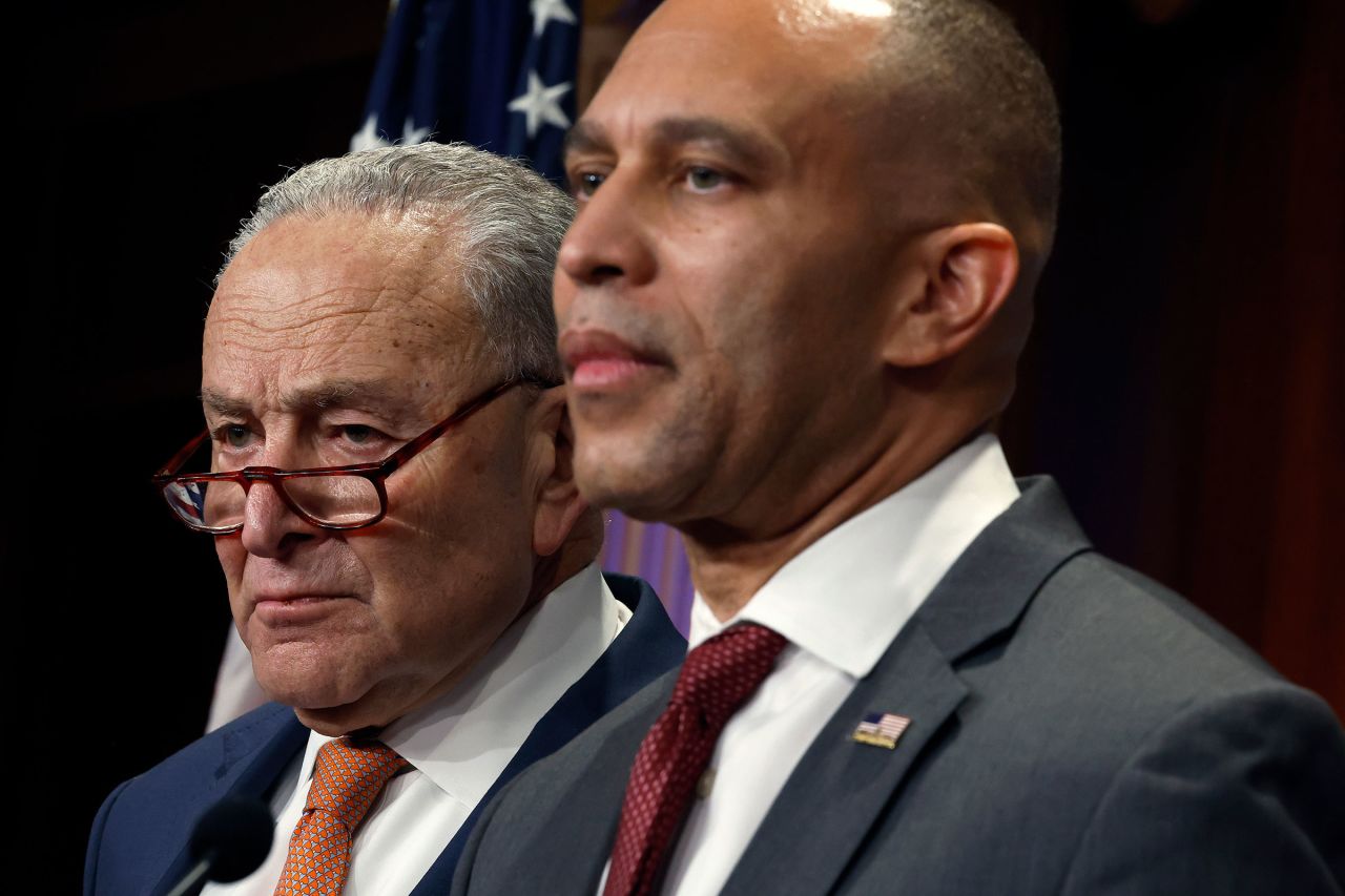 Senate Minority Leader Chuck Schumer and House Minority Leader Hakeem Jeffries speak at a news conference at the US Capitol on February 4.