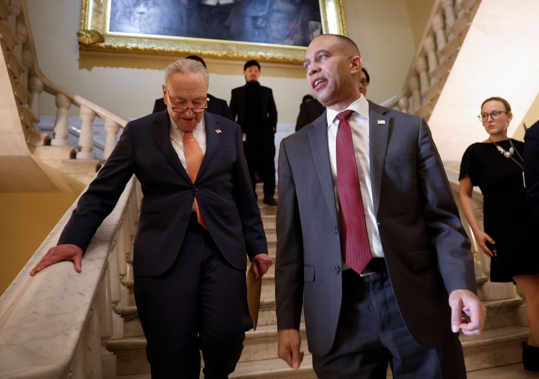 U.S. Senate Minority Leader Charles Schumer (D-NY) (L) and House Minority Leader Hakeem Jeffries (D-NY) walk together as they leave a press conference introducing the Stop The Steal Act at the U.S. Capitol on February 04, 2025 in Washington, DC. The legislation, according to the Democratic leadership, is designed to combat Elon Musk's Department of Government Efficiency (DOGE) by preventing unlawful access to the Treasury Department's payment systems.