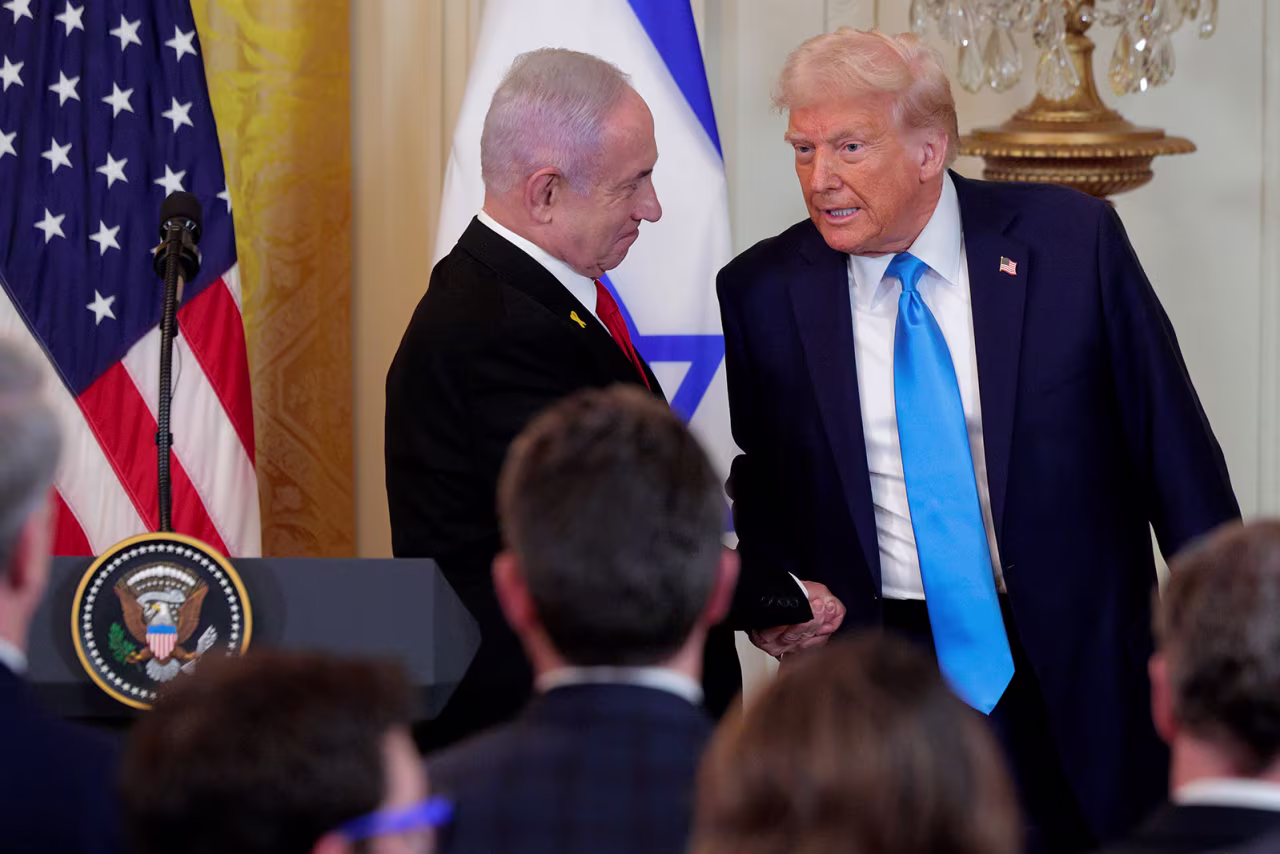  President Donald Trumpand Israeli Prime Minister Benjamin Netanyahu shake hands following a joint news conference at the White House on Tuesday.