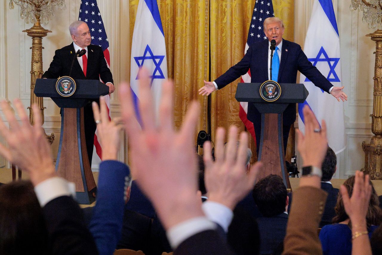 President Donald Trump takes questions during a joint press conference with Israeli Prime Minister Benjamin Netanyahu in the East Room of the White House on Tuesday.