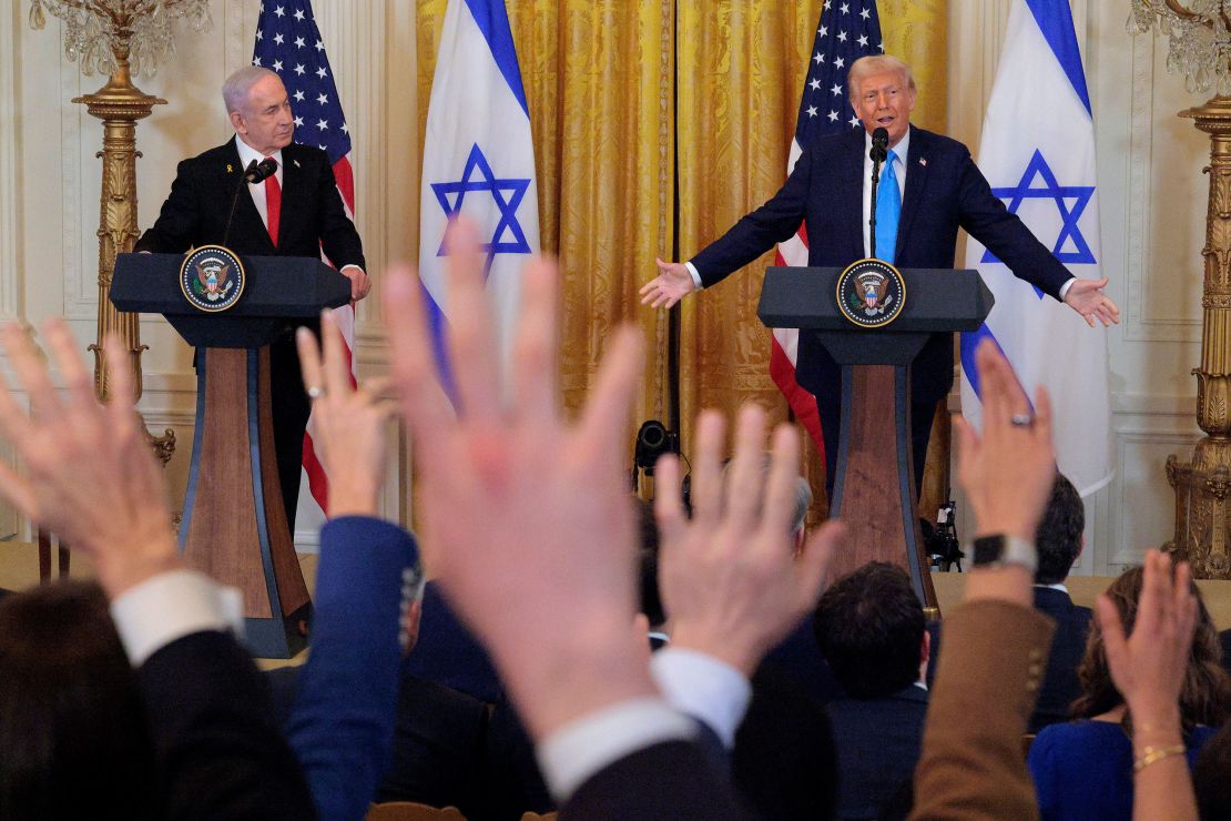 Trump and Benjamin Netanyahu speak to the media during the Israeli Prime Minister's visit to Washington DC.