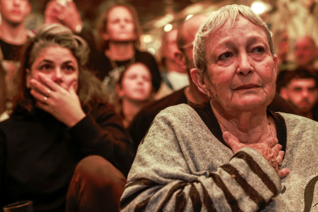 Friends and family of Israeli hostage Ohad Ben Ami wait for news of his release, in Tel Aviv, on Saturday.