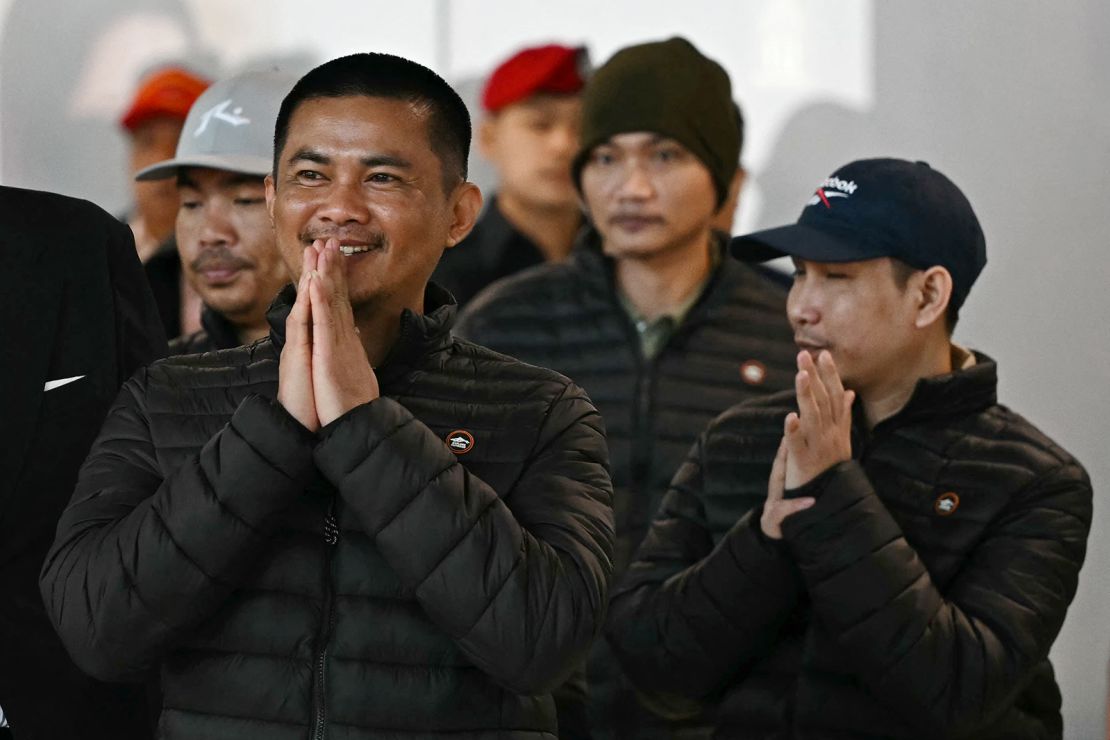 Surasak, Pongsak, and three other freed Thai hostages - Sayhian Suwannkham, Bannawat Saethao and Watchara Sriaoun - at Bangkok's Suvarnabhumi Airport on February 9, 2025 after being released from Gaza.