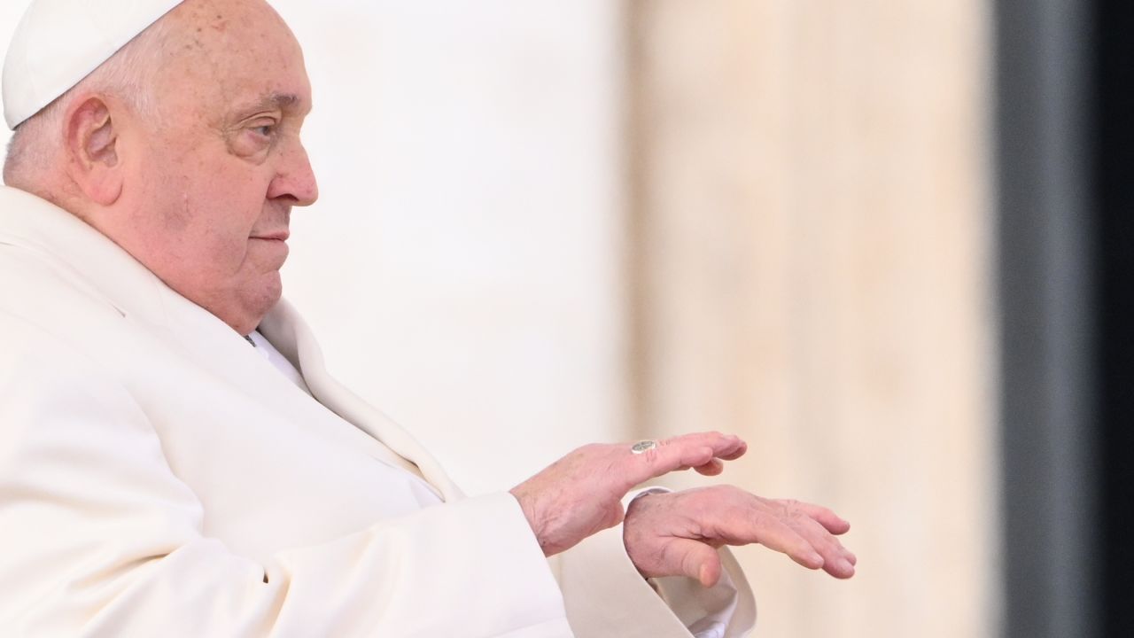 Pope Francis gestures as he arrives to celebrate the mass for the Jubilee of the Armed Forces at St. Peter's square in the Vatican on February 9, 2025. (Photo by Alberto PIZZOLI / AFP) (Photo by ALBERTO PIZZOLI/AFP via Getty Images)          
