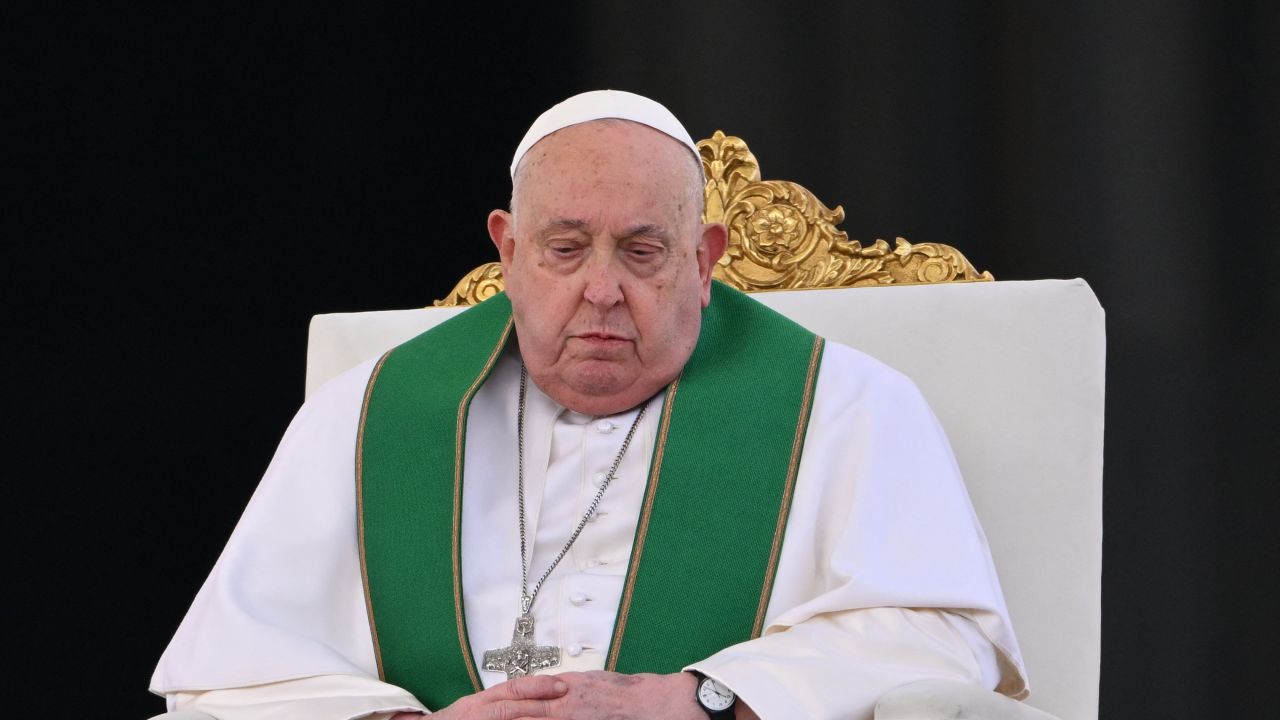 Pope Francis celebrates the mass for the Jubilee of the Armed Forces at St. Peter's square in the Vatican on February 9, 2025. (Photo by Alberto PIZZOLI / AFP) (Photo by ALBERTO PIZZOLI/AFP via Getty Images)