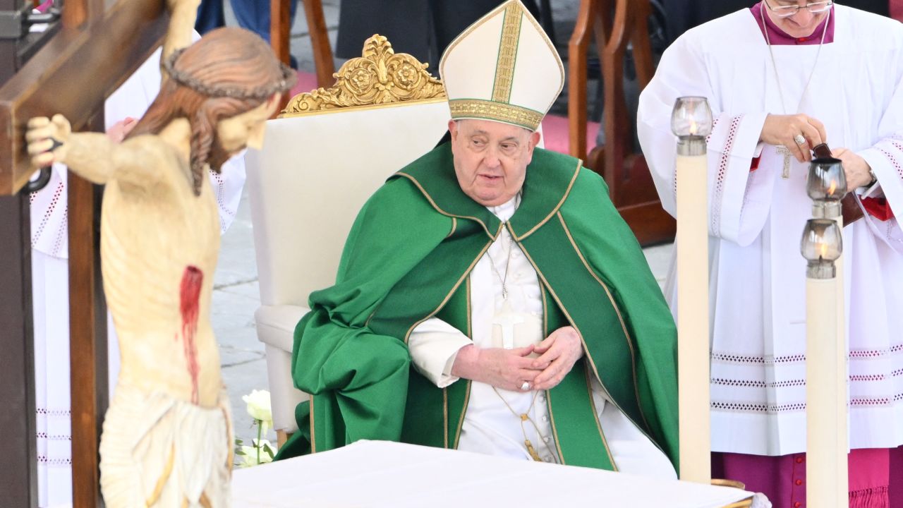 Pope Francis celebrates the mass for the Jubilee of the Armed Forces at St. Peter's square in the Vatican on February 9, 2025. (Photo by Alberto PIZZOLI / AFP) (Photo by ALBERTO PIZZOLI/AFP via Getty Images)          