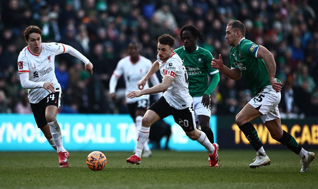 Diogo Jota (center) looks for a way through Plymouth's defense.