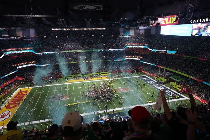 The Eagles' victory celebration begins at the Caesars Superdome.