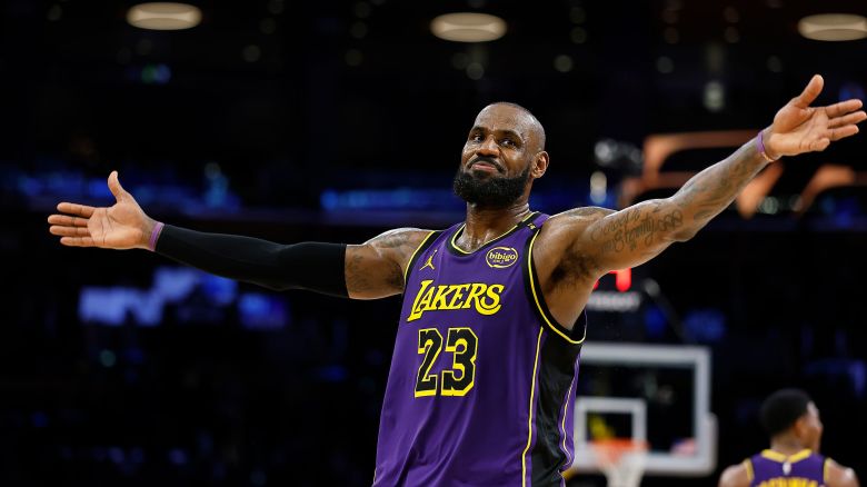 LeBron James of the Los Angeles Lakers reacts during a win against the Golden State Warriors in Los Angeles on February 6, 2025.