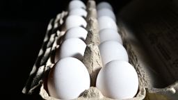 A dozen eggs are seen in a carton on February 10, 2025 in Monterey Park, California. A resurgence of avian flu, which struck the US in 2022, is hitting chicken farms hard, sending egg prices soaring and rattling consumers accustomed to buying this dietary staple for only a few dollars.