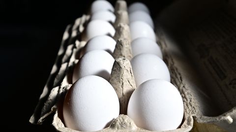 A dozen eggs are seen in a carton on February 10, 2025 in Monterey Park, California. A resurgence of avian flu, which first struck the United States in 2022, is hitting chicken farms hard, sending egg prices soaring and rattling consumers accustomed to buying this dietary staple for only a few dollars. (Photo by Frederic J. BROWN / AFP) (Photo by FREDERIC J. BROWN/AFP via Getty Images)          