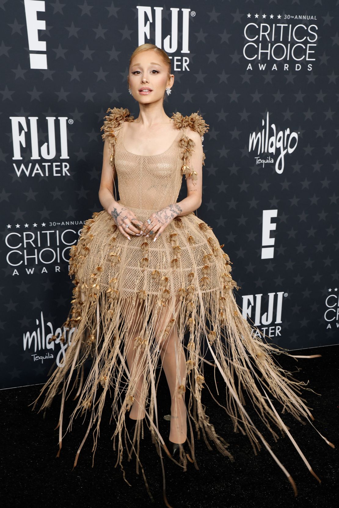 Ariana Grande hit the red carpet in a Dior Cage dress with flower applications and buchering -jewelry.