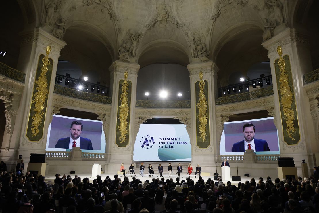 US Vice President JD Vance (R) speaks during a plenary session at the Artificial Intelligence (AI) Action Summit, at the Grand Palais, in Paris, on February 11, 2025.