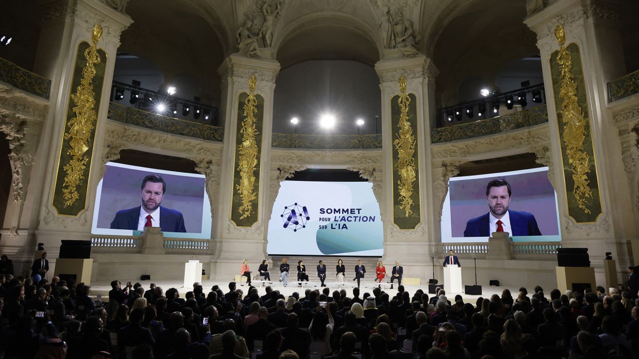 US Vice President JD Vance (R) speaks during a plenary session at the Artificial Intelligence (AI) Action Summit, at the Grand Palais, in Paris, on February 11, 2025. (Photo by Ludovic MARIN / AFP) (Photo by LUDOVIC MARIN/AFP via Getty Images)          
