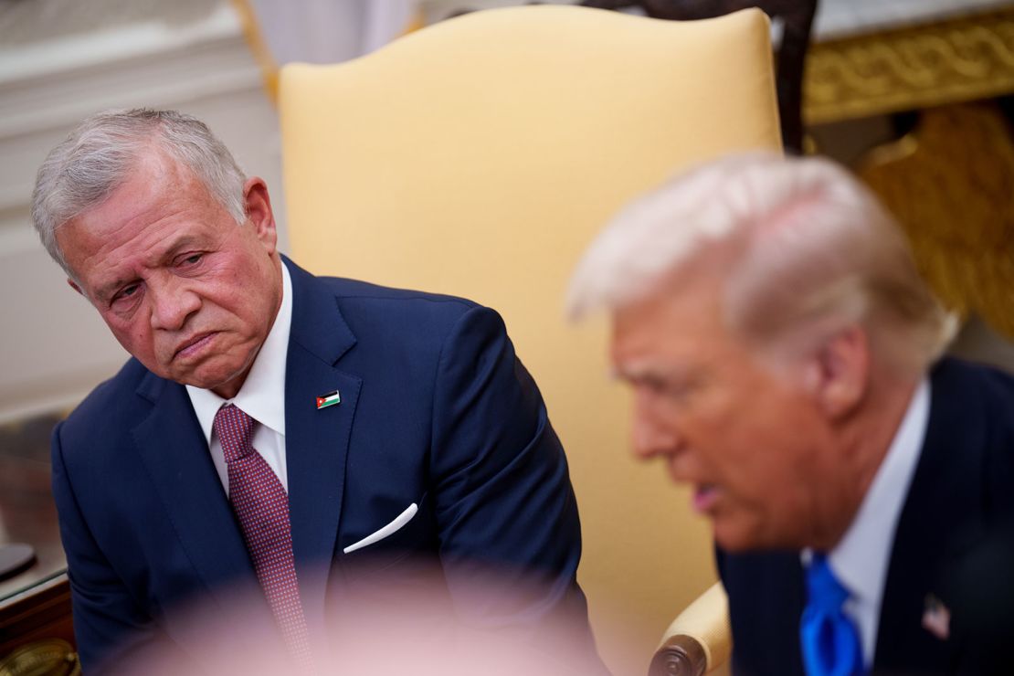 President Donald Trump speaks during a meeting with Jordan's King Abdullah II bin Al-Hussein in the Oval Office of the White House on February 11, 2025, in Washington, DC.