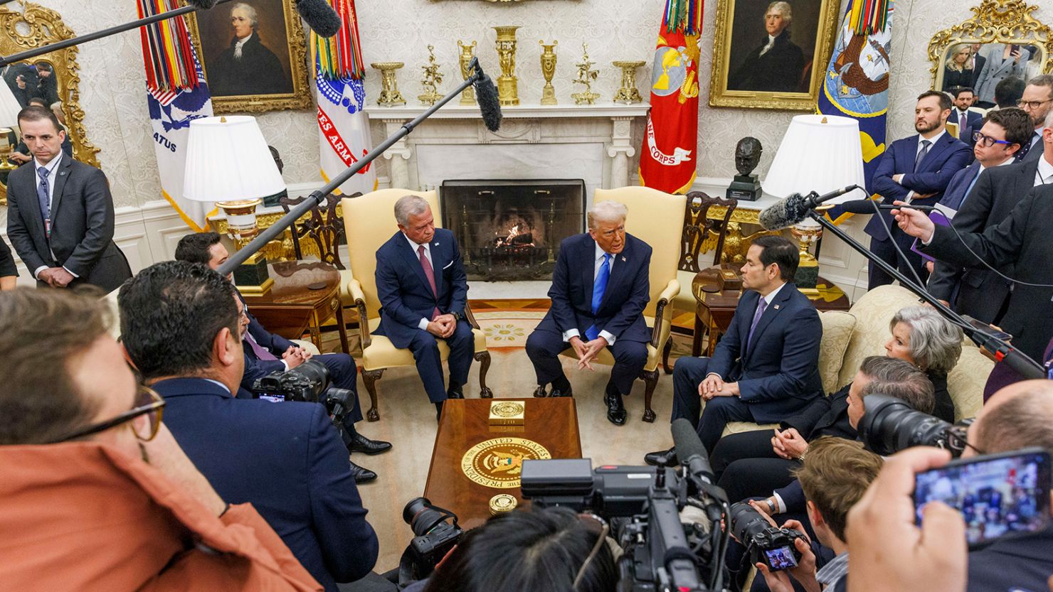 King Abdullah II of Jordan, US President Donald Trump, and US Secretary of State Marco Rubio in the Oval Office of the White House in Washington, DC, on February 11, 2025.