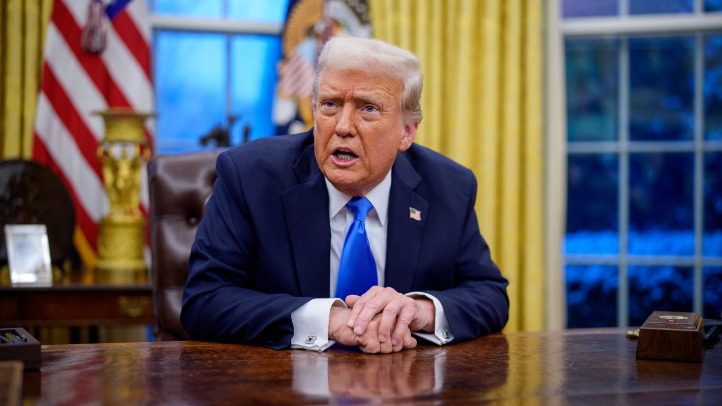 President Donald Trump speaks during an executive order signing in the Oval Office at the White House on February 11, 2025, in Washington, DC.