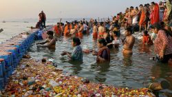 Pilgrims take a holy dip in Sangam, the confluence of Ganges, Yamuna and mythical Saraswati rivers, on the occasion of Maghi Purnima during the Maha Kumbh Mela festival in Prayagraj on February 12, 2025. (Photo by Niharika KULKARNI / AFP) (Photo by NIHARIKA KULKARNI/AFP via Getty Images)          