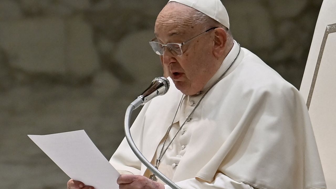 Pope Francis attends the weekly general audience on February 12, 2025 at Paul-VI hall in The Vatican. (Photo by Filippo MONTEFORTE / AFP) (Photo by FILIPPO MONTEFORTE/AFP via Getty Images)          