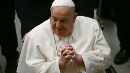 Pope Francis greets people at the end of the weekly general audience on February 12, 2025 at Paul-VI hall in The Vatican. (Photo by Filippo MONTEFORTE / AFP) (Photo by FILIPPO MONTEFORTE/AFP via Getty Images)          