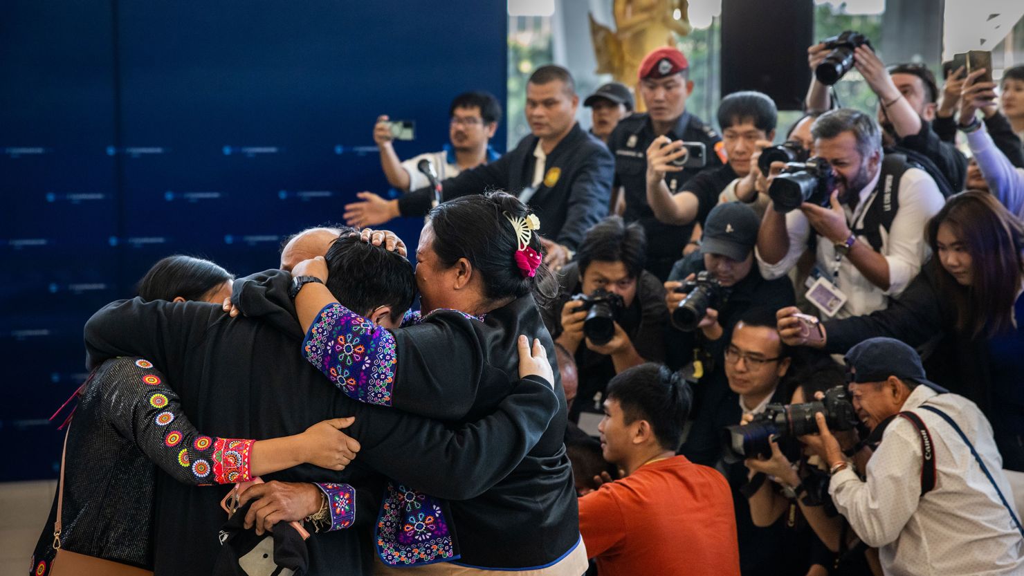 Bannawat Saethao, one of the recently released Thai hostages, reunites with his family after arriving to Suvarnabhumi Airport on February 09, 2025 in Bangkok, Thailand.