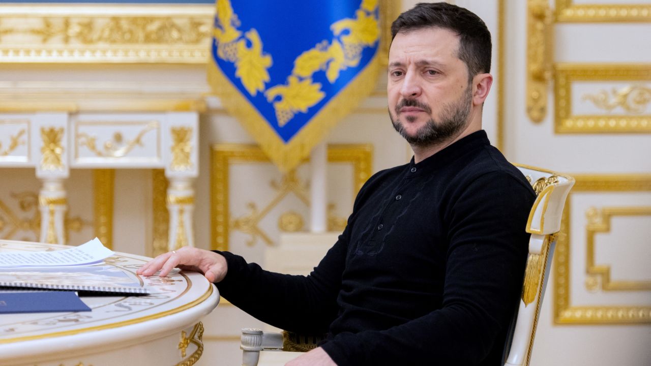 Ukraine's President Volodymyr Zelensky attends a meeting with the US Secretary of Treasury in Kyiv on February 12, 2025, amid the Russian invasion of Ukraine. (Photo by Tetiana DZHAFAROVA / AFP) (Photo by TETIANA DZHAFAROVA/AFP via Getty Images)          