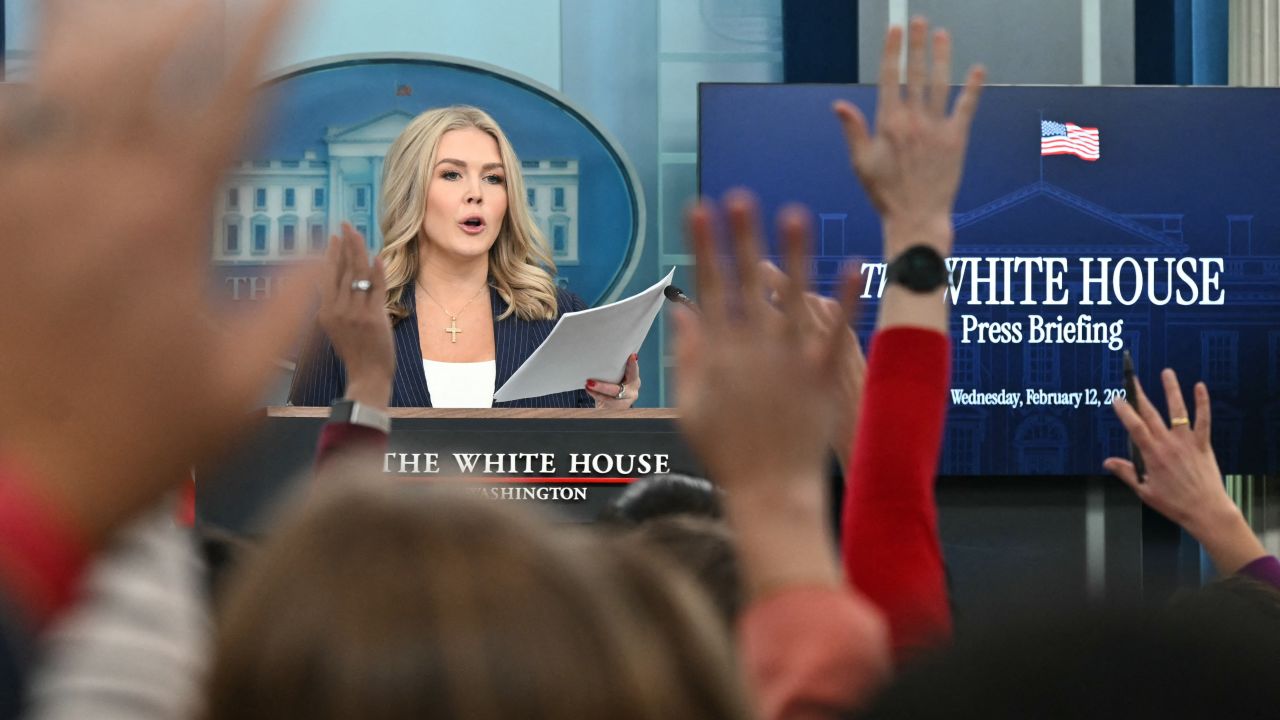 White House Press Secretary Karoline Leavitt speaks during the daily briefing in the Brady Briefing Room of the White House in Washington, DC, on February 12, 2025. (Photo by ANDREW CABALLERO-REYNOLDS / AFP) (Photo by ANDREW CABALLERO-REYNOLDS/AFP via Getty Images)          