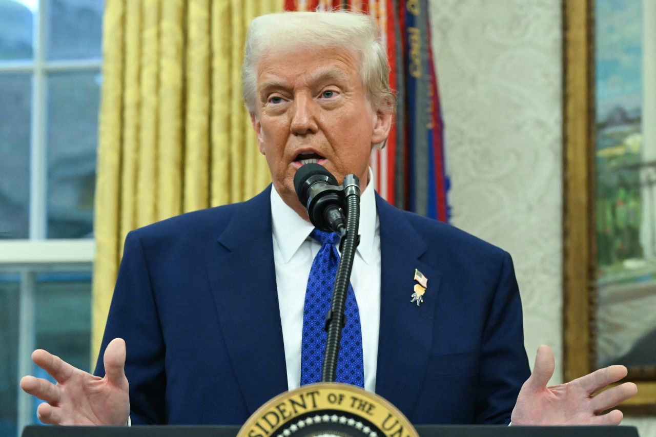 President Donald Trump speaks in the Oval Office of the White House in Washington, DC, on Wednesday.