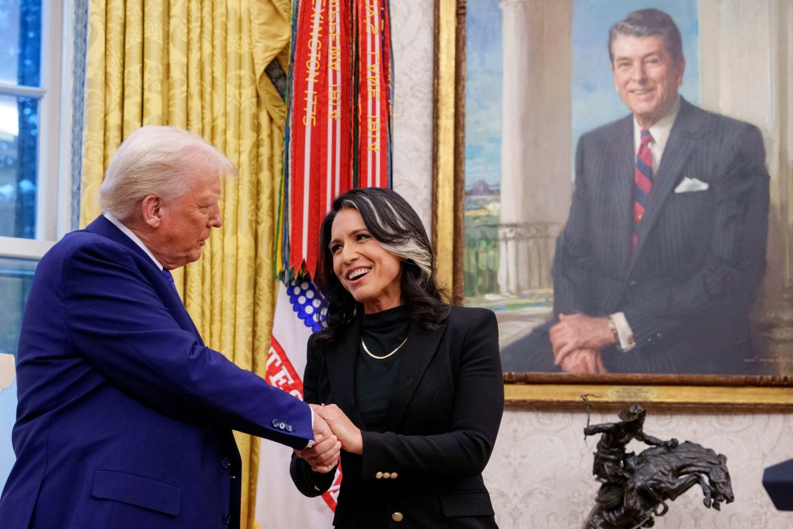 Tulsi Gabbard shakes hands with US President Donald Trump in the Oval Office, on February 12.