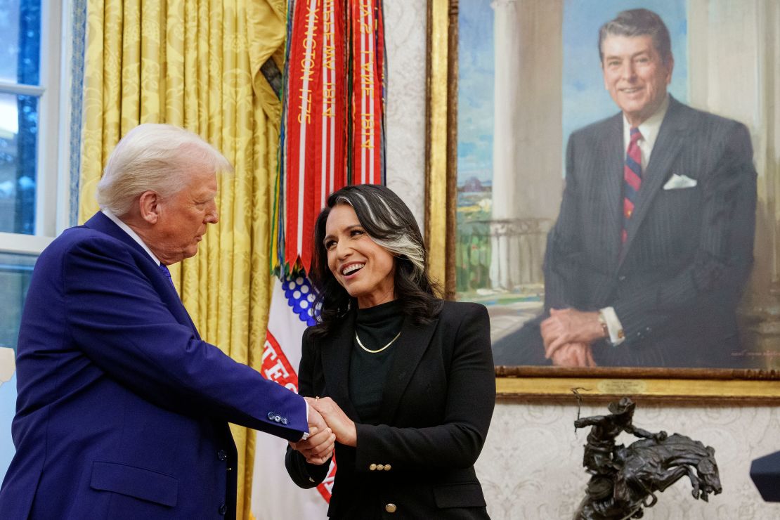 O recém-jurado diretor de inteligência nacional Tulsi Gabbard aperta as mãos do presidente Donald Trump no Salão Oval da Casa Branca em Washington, DC, na quarta-feira.