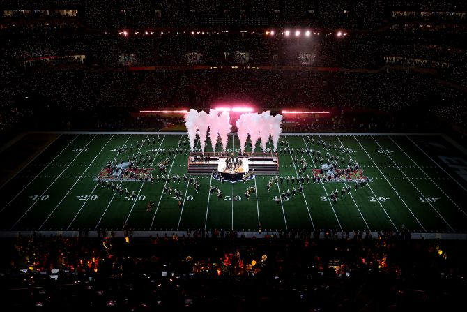 The Southern University marching band performs in the Superdome prior to the game.