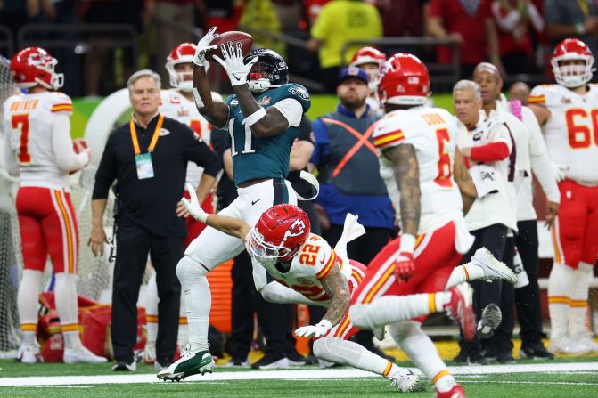 Brown pulls in a pass during the opening drive the game. He was called for offensive pass interference, however, and the drive ended in a punt.